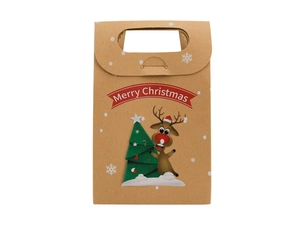 Detail of kraft paper Christmas gift box with reindeer print and handle