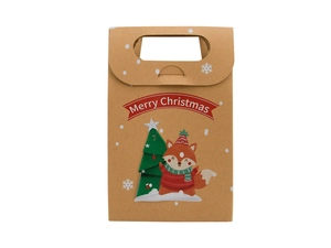 Close-up of brown kraft paper Christmas gift bag with red fox and green tree prints