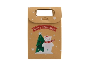 Detail of kraft paper Christmas gift box featuring white polar bear and green tree designs