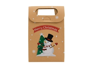 Detail of kraft paper Christmas gift bag with snowman prints and Merry Christmas text