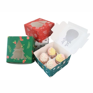 Christmas muffin box with 4-hole insert and festive Santa Claus patterns on white card