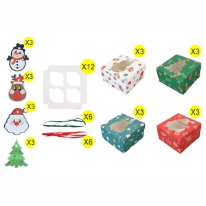 Christmas cupcake box set with window for 4 muffins featuring festive prints and ribbons