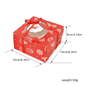 Christmas cupcake box with window, red festive pattern, 4-cavity muffin holder and ribbon