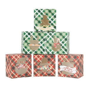 Christmas Plaid Gift Boxes Set With PVC Window For Candy Cookies Cupcake Red Green Tartan Paper Box Holiday Party Decor