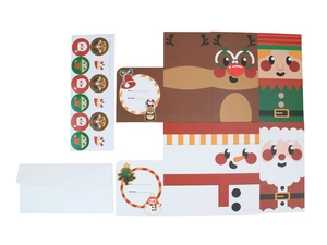 Flache Darstellung von Weihnachts-Klappkarten mit Rentier, Schneemann und Verschlussaufklebern