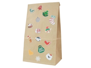 Brown kraft paper Christmas gift bag with festive stickers including tree and gingerbread man