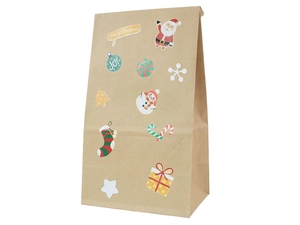 Detailed view of Christmas kraft paper gift bags featuring Santa and snowman patterns