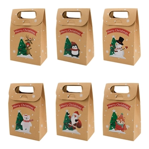 Christmas Kraft Paper Gift Bags With Handles Cartoon Santa Snowman Reindeer Pattern Holiday Candy Cookies Packaging Box Party Favor
