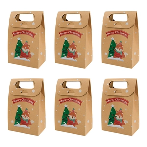 Set of 6 kraft paper Christmas gift bags featuring cartoon fox and snowflake designs