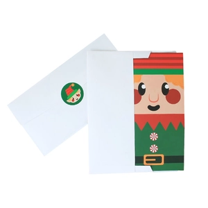 Weihnachtsgrußkarten Set mit Elf Motiv, weißem Umschlag und rundem Siegelaufkleber