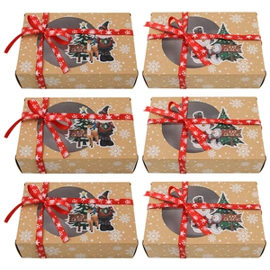 Christmas Kraft Paper Cookie Boxes With Clear Window Satin Ribbon Santa Snowman Reindeer Pattern Holiday Gift Bakery Packaging