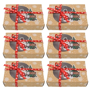 Set of 6 kraft paper Christmas cookie boxes with snowman patterns and red ribbons