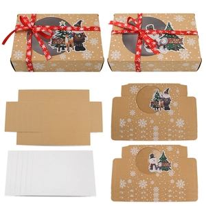 Christmas kraft paper cookie box set with Santa PVC window and red festive ribbon