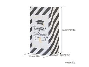 Detailed size chart for graduation gift bags with 22.7x12x8cm dimensions and striped design