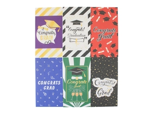 Detailed grid view of six assorted graduation gift tags with vibrant congrats grad designs