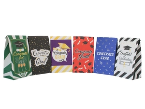Set of six graduation gift bags featuring various festive patterns and congrats grad motifs