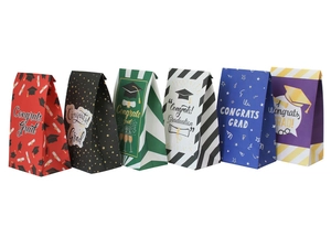 Set of six graduation gift bags with colorful designs and Congrats Grad motifs