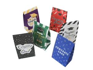 Assorted graduation gift bags with Congrats Grad patterns and festive party motifs
