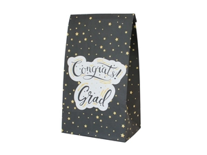 Detail view of Congrats Grad black paper gift bag with golden stars and white frame text