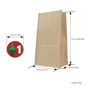 Christmas kraft paper bags with numbered tree stickers and detailed dimension markings