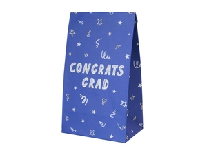 Detail showing deep blue graduation gift bag with gold Congrats Grad text and star patterns