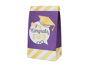 Detail of graduation gift paper bag with Congrats Grad print and mortarboard icon