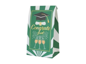 Detail of Congrats Grad paper gift bag with green stripes and graduation cap design