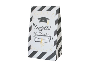 Detail of graduation gift paper bag with Congrats lettering and diagonal stripe design