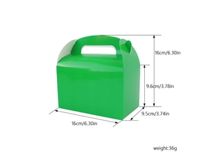 Detailed dimension guide for lime green gable gift box with handle and size annotations