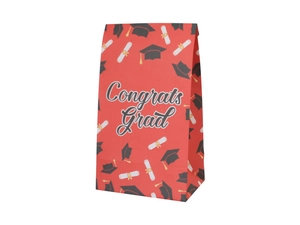 Detail of red graduation gift bag with Congrats Grad text and mortarboard patterns
