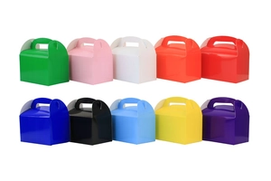 Ten vibrant colors of glossy paper favor boxes with handles for parties and small gifts