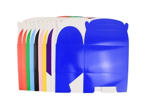 Flat lay showing ten colorful flat-packed paper gift boxes with handles in a fan layout