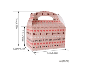 Detailed view of pink Valentine gift box showing precise 16x9.6x17cm dimensions and heart print