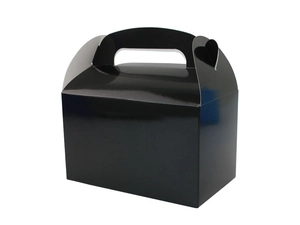 Close-up of glossy black party favor box with cutout handle and sleek gable structure