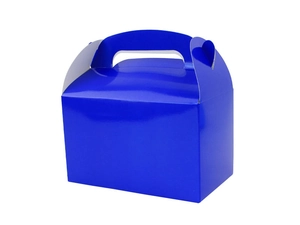 Detail view of navy blue glossy cardstock gift box with integrated top handle design