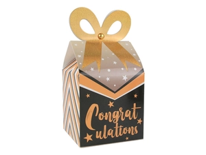 Vue détaillée de la boîte cadeau de félicitations avec couvercle à nœud et étoiles