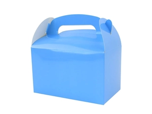 Sky blue glossy cardstock party favor box with integrated curved handle and snap buckle