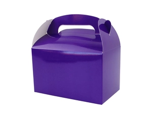 Detail view of deep purple glossy paper favor box with curved handle for party events