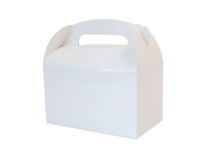Close-up of a white portable cardboard gift box with handle and foldable structure