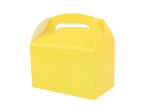 Detail view of a bright yellow cardboard gable box with a sturdy handle for gift packaging