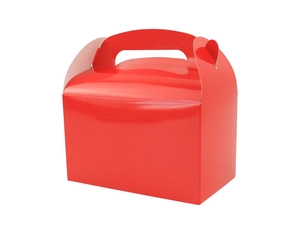 Close-up of red cardboard gift box featuring a heart-shaped closure and handle