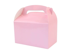 Close-up of a pink paper candy gift box with integrated handle and folding structure