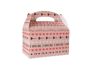 Detail of pink gift box with heart pattern and I LOVE YOU text for Valentine's Day