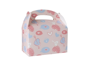 Detail of pink Valentine gift box with heart patterns and integrated paper handle