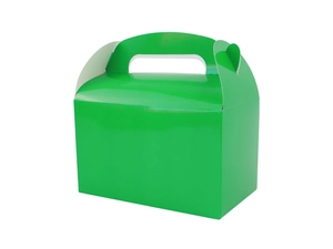 Detail of bright green candy gift box with integrated handle and glossy finish