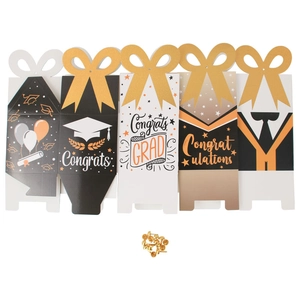 Boîtes cadeaux de remise de diplômes avec motifs de toque et robe en noir, blanc et or
