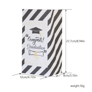 Graduation gift bag with black diagonal stripes and size dimensions 22.7x12x8cm