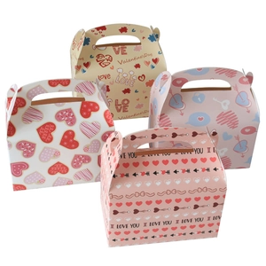 Set of four Valentine's Day paper gift boxes with heart patterns and love greetings
