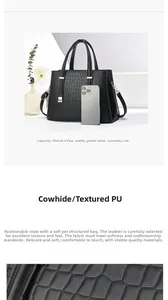 Détails d'un sac cabas noir à motif crocodile avec une grande capacité de rangement