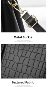 Détail d'un sac noir texturé avec des fermoirs dorés et une bandoulière réglable en cuir